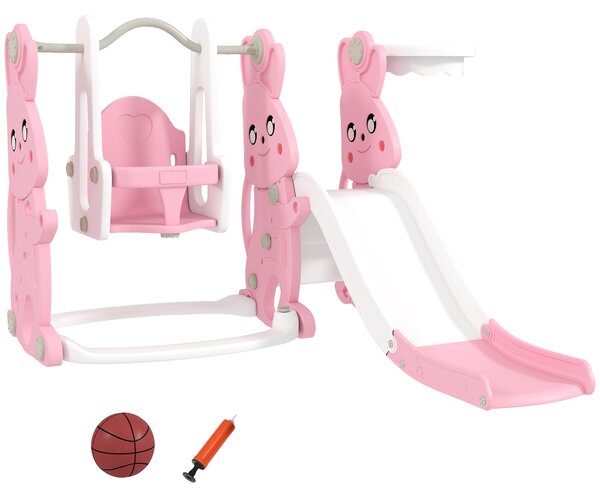 AIYAPLAY 4 in 1 Kids Slide and Swing Set with Climber, Basketball Hoop, Rabbit-Themed, Pink
