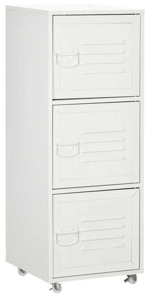 HOMCOM Rolling Storage Cabinet 3-Tier Mobile File Cabinet with Wheels & Metal Doors for Home Office, Living Room, White