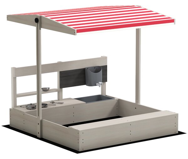 Outsunny Kids Wooden Sandbox w/ Canopy, Kitchen Toys, Seat, Storage, for 3-7 Years Old Outdoor Play