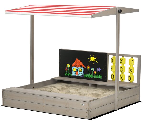 Outsunny Children's Wooden Sandpit with Protective Canopy and Seating, Outdoor Play Area, Grey