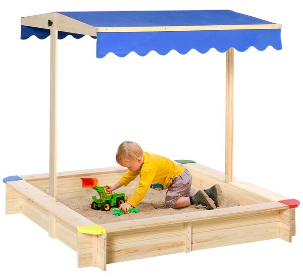 Outsunny Kids Wooden Sandpit Children Cabana Square Sandbox Outdoor Backyard Playset Play Station Adjustable Canopy Bench Seat 120x120x120cm