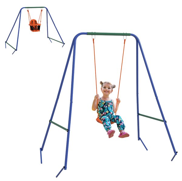 Outsunny Nursery Swing Set: 2-in-1 Metal Frame with Cosy Seat & Safety Belt, Vibrant Orange Hue