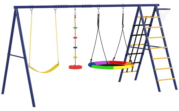 AIYAPLAY 6 in 1 Metal Kids Swing Set with 3 Swings, Climbing Ladder & Net, Basketball Hoop, for Ages 3-8