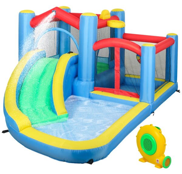 AIYAPLAY Inflatable Bouncy Castle with 550W Blower, Basketball Hoop, Long Slide, Dart Board, Carrying Bag, 385 x 290 x 180 cm