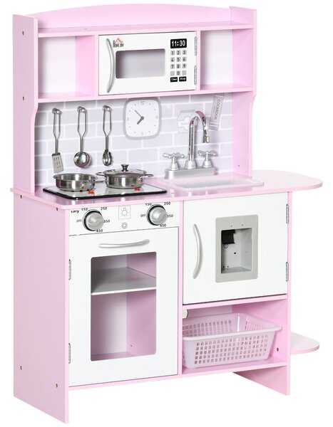 HOMCOM Wooden Play Kitchen with Lights Sounds, Kids Kitchen Playset with Water Dispenser, Microwave, Utensils, Sink, Gift for 3-6 Years Old, Pink