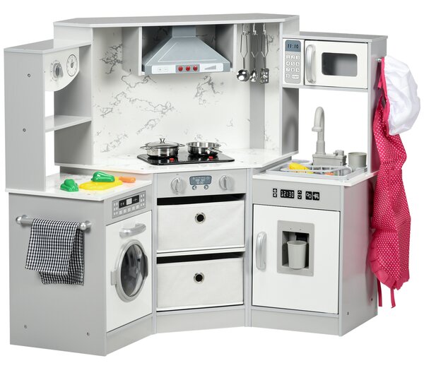 AIYAPLAY Toy Kitchen with Running Water, Lights Sounds, Apron and Chef Hat, Water Dispenser, for 3-6 Years Old - Grey Aosom UK