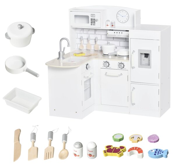 HOMCOM Kids Play Kitchen Wooden Toy Kitchen Cooking Set for Children with Drinking Fountain, Microwave, and Fridge White Aosom UK