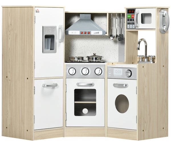 HOMCOM Interactive Wooden Play Kitchen for Children, Pretend Play Set with Sounds, Lights, Phone, Microwave, Fridge, Ice Maker Aosom UK
