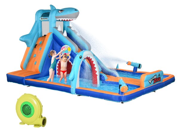 Outsunny 6 in 1 Shark-Themed Bouncy Castle, Inflatable Water Park, with Slide, Pool, Trampoline, Blower, for Ages 3-8 Years