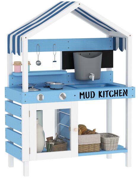AIYAPLAY Kids Mud Kitchen Outdoor with Stoves, Sink, Faucet, Storage Shelves, Cookware Accessories for Boys Girls, Blue