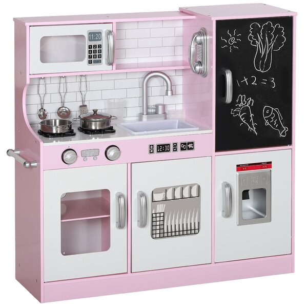 AIYAPLAY Pretend Play Kitchen Kids Kitchen Playset w/ Toy Phone, Chalkboard, Microwave, Cooking Stove, Sink Aosom UK