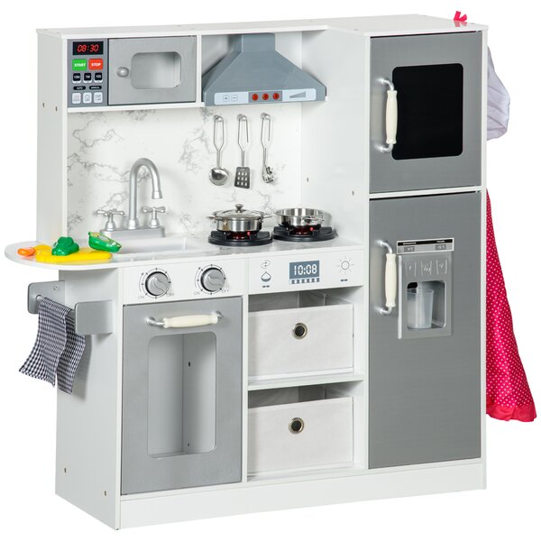 AIYAPLAY Toy Kitchen with Lights Sounds, Apron and Chef Hat, Ice Maker, Microwave, for 3-6 Years Old - White Aosom UK