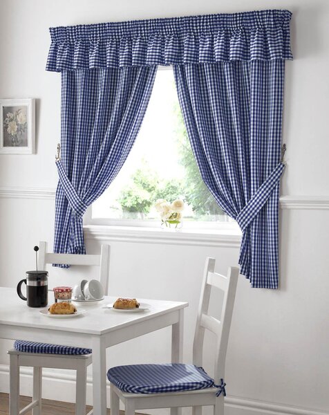 Gingham Value Curtains Blue Pelmet 136x10