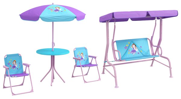 Outsunny 4PCs Kids Garden Furniture Set w/ 2 Seater Garden Swing Chair w/ Adjustable Canopy, Table and Chair Set w/ Parasol, for Toddler