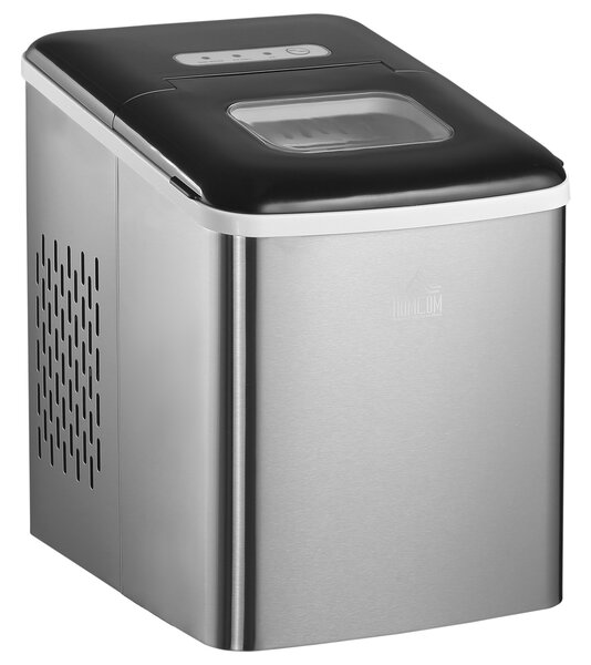 HOMCOM Ice Maker Machine, Counter Top Ice Cube Maker for Home 12kg in 24 Hrs 1.8L w/ Self Cleaning Function Scoop & Basket Stainless Steel Aosom UK