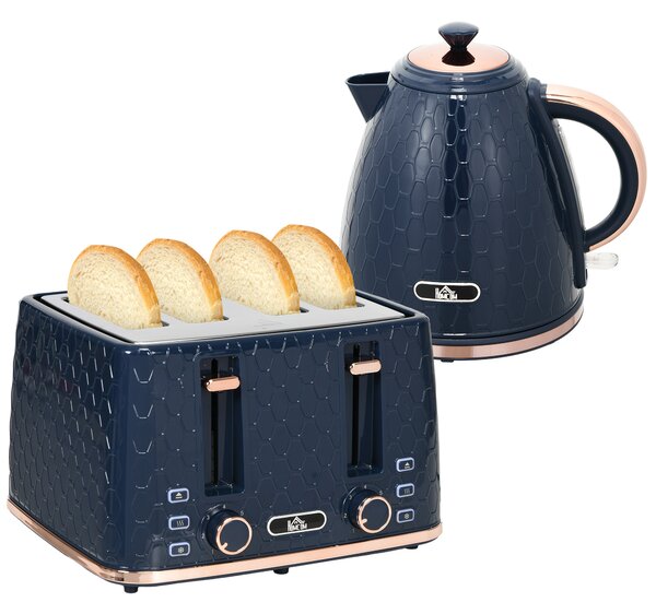 HOMCOM Kettle and Toaster Set, 1.7L Fast Boil 3000W Jug Kettle with 4 Slice Toaster, 7 Browning Levels, Blue Aosom UK