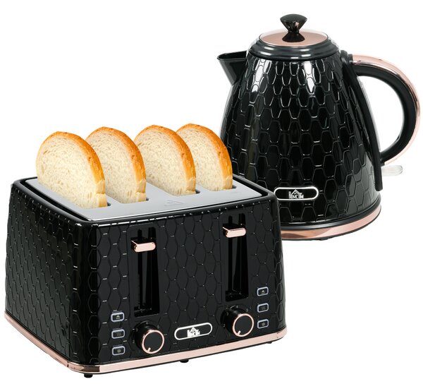 HOMCOM 1.7L 3000W Fast Boil Kettle & 4 Slice Toaster Set, Kettle and Toaster Set with 7 Browning Controls, Crumb Tray, Black