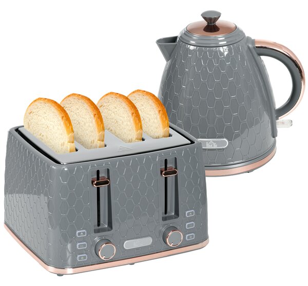 HOMCOM 1.7L 3000W Fast Boil Kettle & 4 Slice Toaster Set, Kettle and Toaster Set with 7 Browning Controls, Crumb Tray, Grey