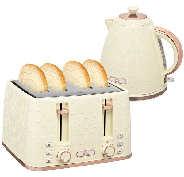 HOMCOM Cream Kettle and Toaster, 1.7L 3000W Fast Boil Jug Kettle w/ Auto Shut Off, 4 Slice Toaster w/ 7 Level Browning Controls Aosom UK