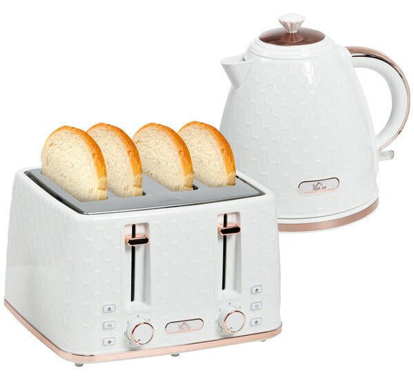 HOMCOM 1.7L 3000W Fast Boil Kettle & 4 Slice Toaster Set, Kettle and Toaster Set with 7 Browning Controls, Crumb Tray, White