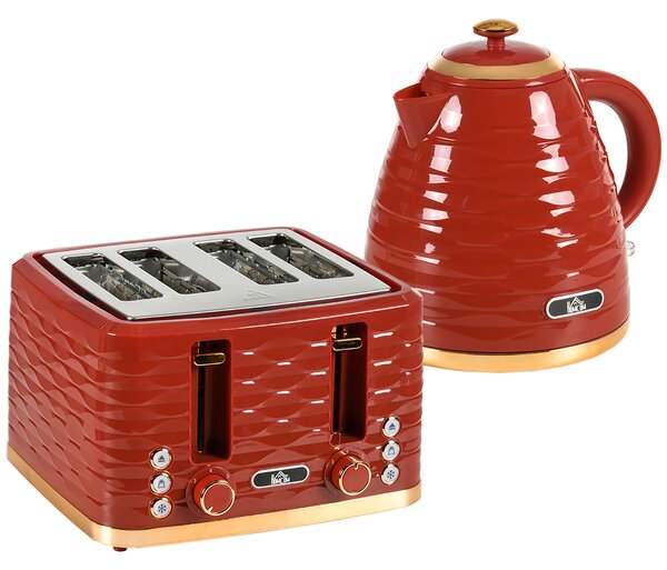 HOMCOM 3000W 1.7L Rapid Boil Kettle & 4 Slice Toaster, Kettle and Toaster Set with 7 Browning Controls and Crumb Tray, Red