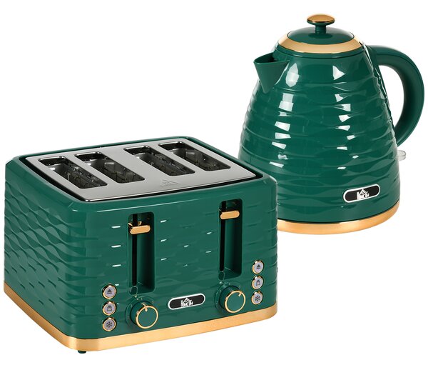 HOMCOM 3000W 1.7L Rapid Boil Kettle & 4 Slice Toaster, Kettle and Toaster Set with 7 Browning Controls and Crumb Tray, Green