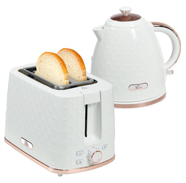 HOMCOM 1.7L 3000W Fast Boil Kettle & 2 Slice Toaster Set, Kettle and Toaster Set with Auto Shut Off, Browning Controls, White