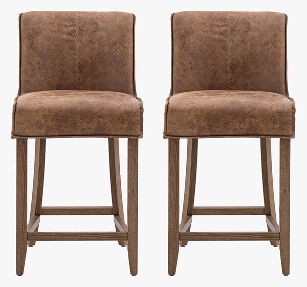 Ewan Bar Stool in Brown Leather - Set of 2