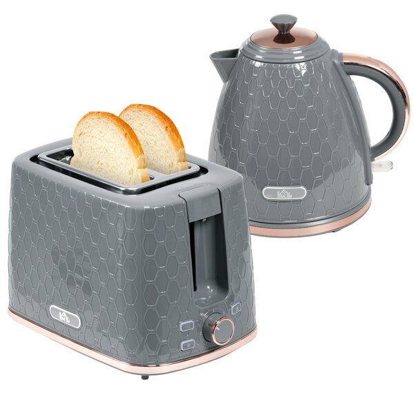 HOMCOM 1.7L 3000W Fast Boil Kettle & 2 Slice Toaster Set, Kettle and Toaster Set with Auto Shut Off, Browning Controls, Grey