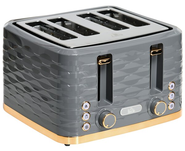 HOMCOM 4 Slice Toaster with 7 Browning Levels, High Lift, Reheat/Defrost/Cancel, Removable Crumb Tray, Auto Off, 1600W, Grey