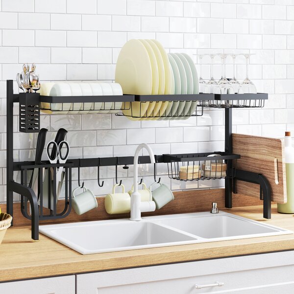 HOMCOM Space Saving 2 Tier Adjustable Dish Drainer Over The Sink Dish Drying Rack, Black Aosom UK