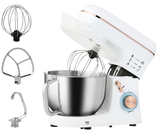 HOMCOM 5L Food Mixer for Baking, 6 Speeds and Pulse Setting, 1400W Cake Electric Kitchen Mixer with Dough Hook, Whisk, Stainless Steel Bowl, White