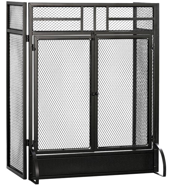 HOMCOM 3-Panel Folding Fireplace Screen with Door, Freestanding Spark Guard, Metal Mesh Fireguard, Black