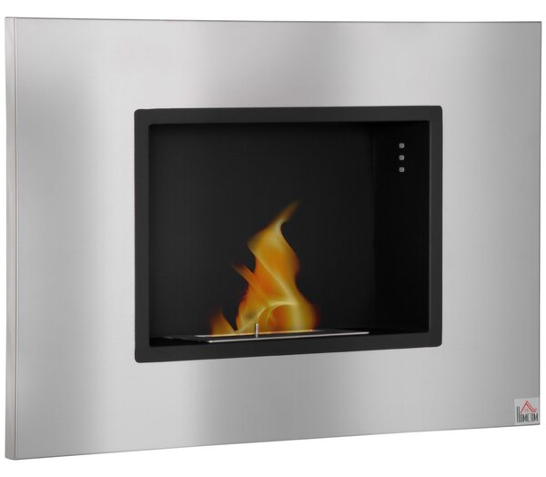 HOMCOM Wall Mounted Ethanol Fireplace, Stainless Steel Bioethanol Heater Stove Fire with 1.5L Tank, 3 Hour Burning Time, Silver