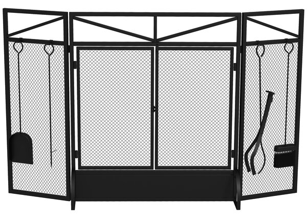 HOMCOM 3 Panel Folding Fire Guard Screen w/ Fireplace Tool Sets, Front Doors, Freestanding Fire Screen Spark Guard w/ Feet, Black Aosom UK