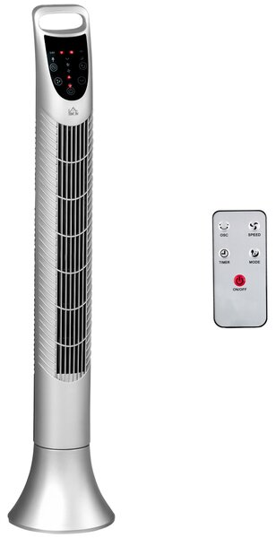 HOMCOM 36'' Freestanding Tower Fan, 3 Speed 3 Mode, 7.5h Timer, 70 Degree Oscillation, LED Panel, 5M Remote Controller, Silver Aosom UK