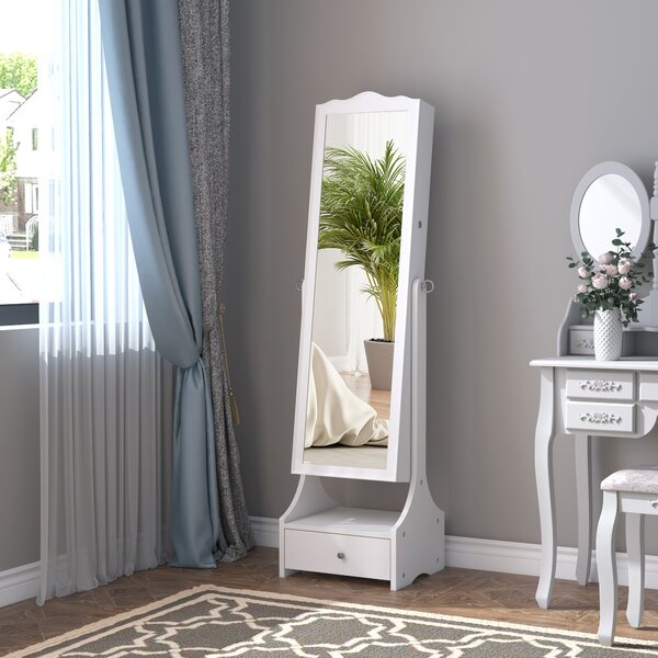 HOMCOM LED Jewellery Cabinet, Floor Standing Mirror Armoire with Flip-over Makeup Shelf and Lock, White Aosom UK