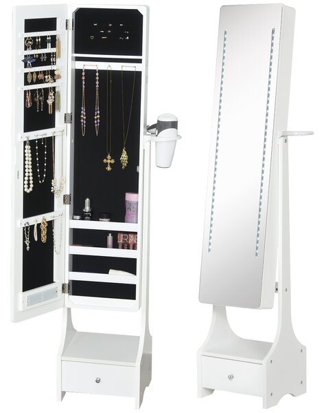 HOMCOM Jewellery Cabinet with Mirror, Freestanding Armoire LED Lights, Hooks, Drawer, Hairdryer Holder, Vanity Adjustable, White Aosom UK