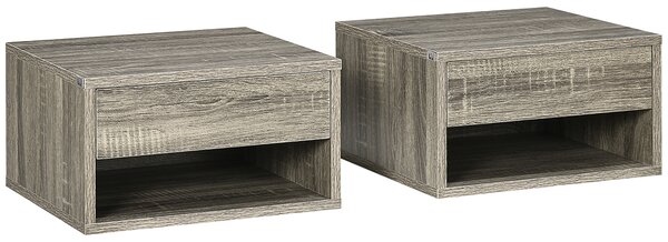 HOMCOM Set of Two Floating Bedside Tables Wall Mounted Nightstands with Drawer and Shelf for Bedroom, Brown Wood-Effect Aosom UK