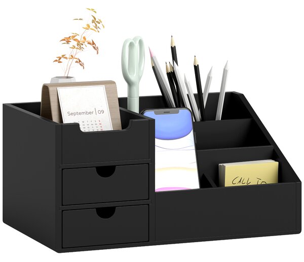HOMCOM Desk Organiser Holder, Bamboo Multi-Function Storage Caddy with 7 Storage Compartments and 2 Drawers for Home Office Stationary Supplies, Black