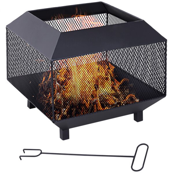 Outsunny Outdoor Fire Pit: Stylish Centrepiece for Alfresco Evenings, Mesh Design with Lid, Log Grate & Poker, Black Aosom UK