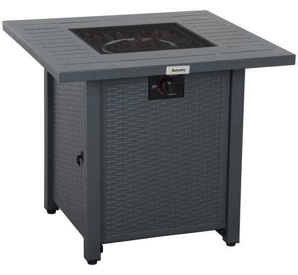 Outsunny Rattan-style Propane Gas Fire Pit Table with 40,000 BTU Burner, Square Smokeless Firepit Patio Heater with Thermocouple, Lava Rocks, Grey