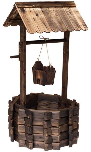 Outsunny Wooden Wishing Well Planter Outdoor Flower Pot Backyard Garden Decor w/ Bucket
