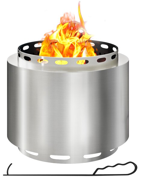Outsunny Smokeless Fire Pit, 48.5cm Portable Wood Burning Firepit with Poker for Garden Camping Bonfire Party, Stainless Steel, Silver
