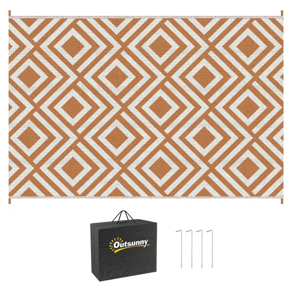 Outsunny Reversible Outdoor Rug, Waterproof Plastic Straw Mat with Carry Bag and Ground Stakes for Deck, RV, or Beach, Brown & White Aosom UK