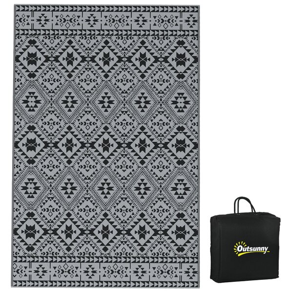 Outsunny Reversible RV Outdoor Rug, Plastic Straw, with Carry Bag, 182 x 274cm, Black and Grey Aosom UK