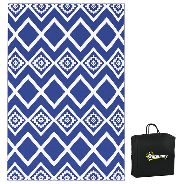 Outsunny Reversible Outdoor Rug, Plastic Straw, Portable with Carry Bag, 182 x 274cm, Blue and White Aosom UK