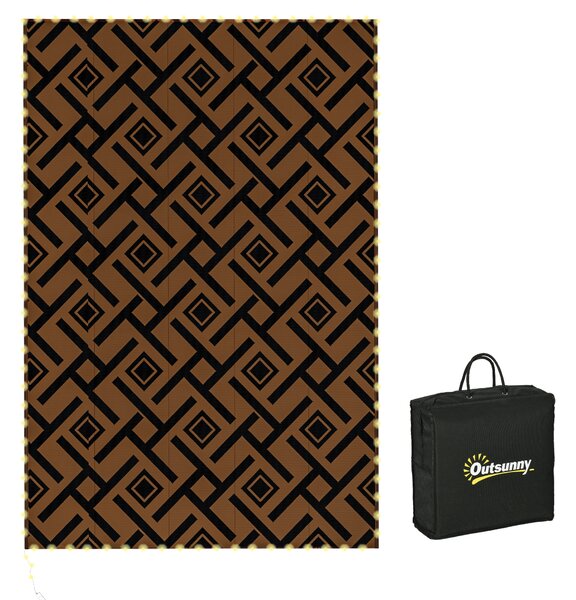 Outsunny Reversible RV Outdoor Rug with LED String Light, Plastic Straw, 182 x 274cm, Brown and Black Aosom UK