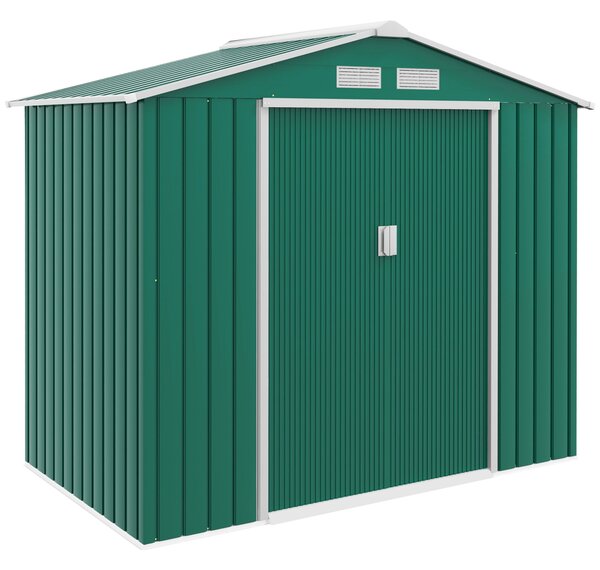 Outsunny 7ft x 4ft Lockable Garden Shed Large Patio Roofed Tool Metal Storage Building Foundation Sheds Box Outdoor Furniture, Green Aosom UK