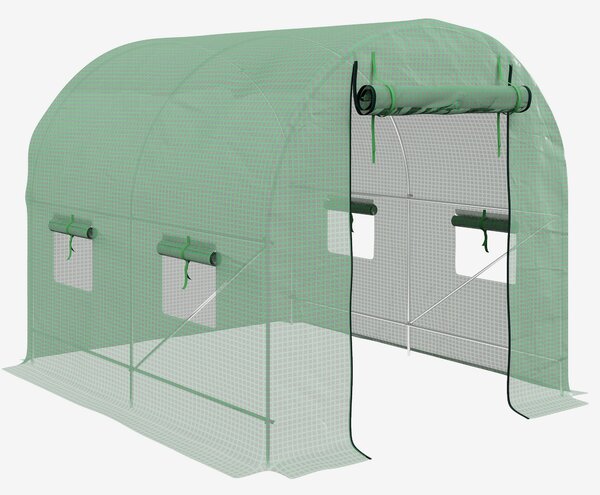 Outsunny 2.5 x 2m Walk-In Polytunnel Greenhouse, with Steel Frame, PE Cover, Roll-Up Door and 4 Windows, Green